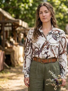 Chain & Rope Print Button Down Blouse Top | Renaissance Pirate Boho Chic | M
